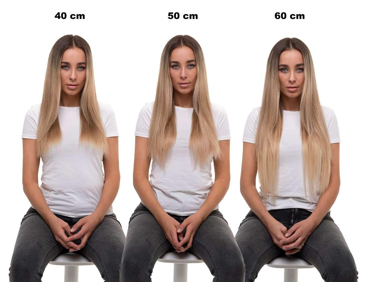 Samme modell med hair extensions i 40, 50 og 60 cm ved siden av hverandre